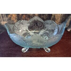 Vtg Jeanette Glass LOMBARDI Footed Starlight Blue Glass Centerpiece Fruit Bowl